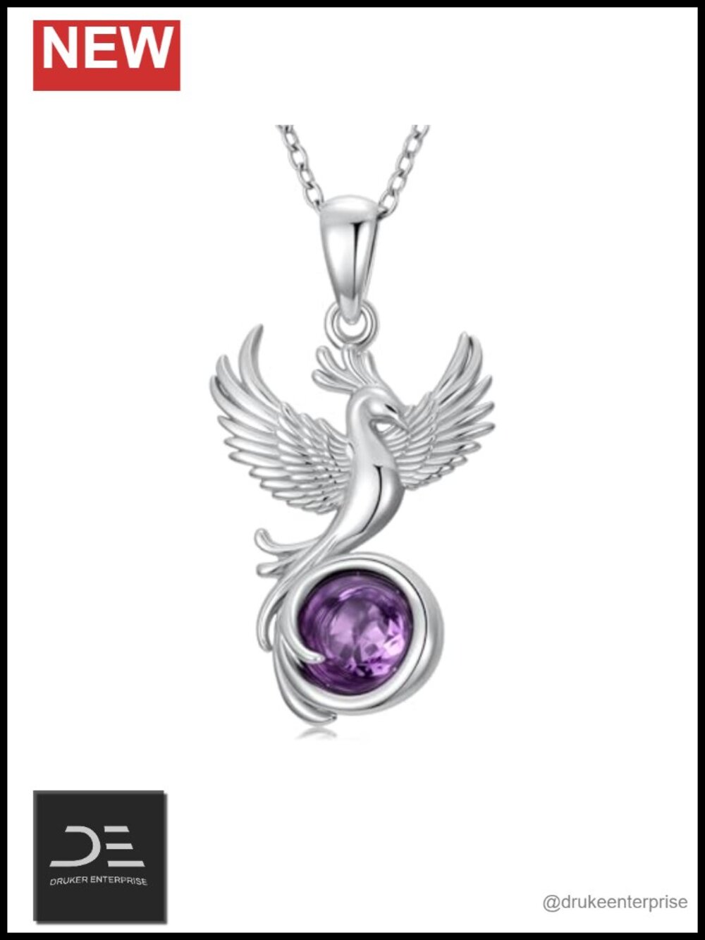 Sterling Silver Phoenix Pendant Necklace with Amethyst Moissanite
